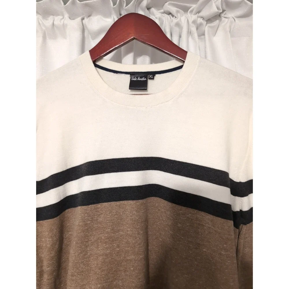 Jake‎ Austin Men's Brown & Ivory Striped Cotton Crewneck Sweater Size XL